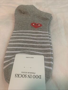 Women Gray Striped Ankle Socks with Red Heart Accent -